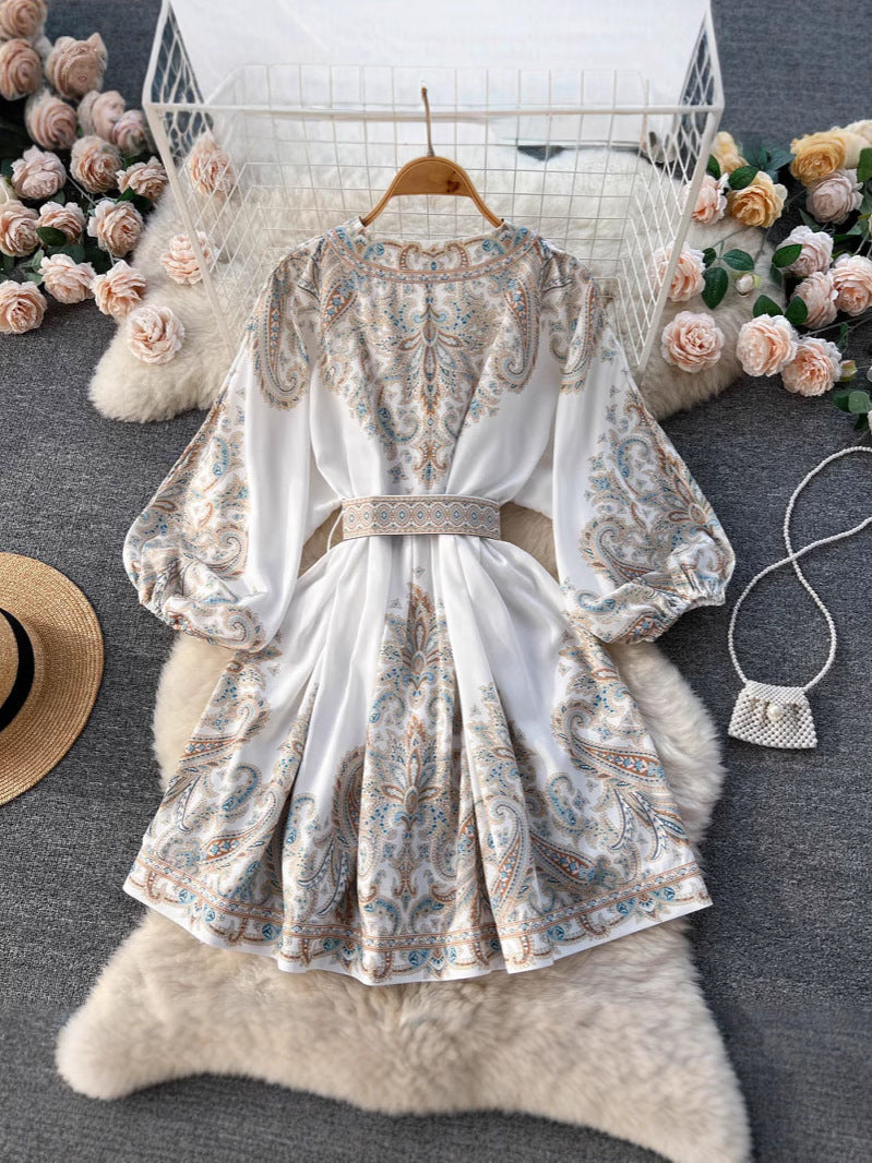Disney-Inspired French Retro Floral V-Neck Lantern Sleeve Midi Dress