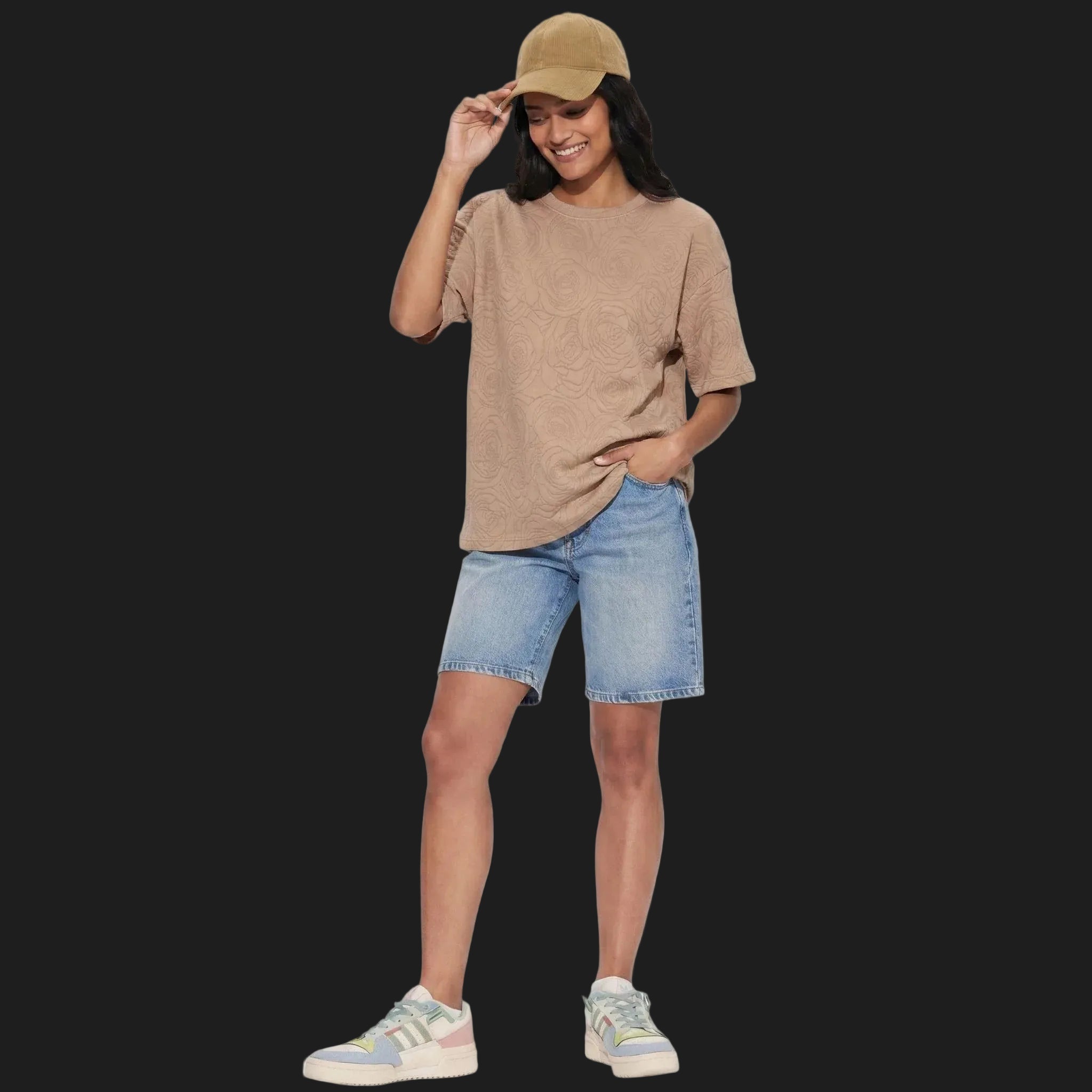 Rose Beige Embossed Drop Shoulder Tee