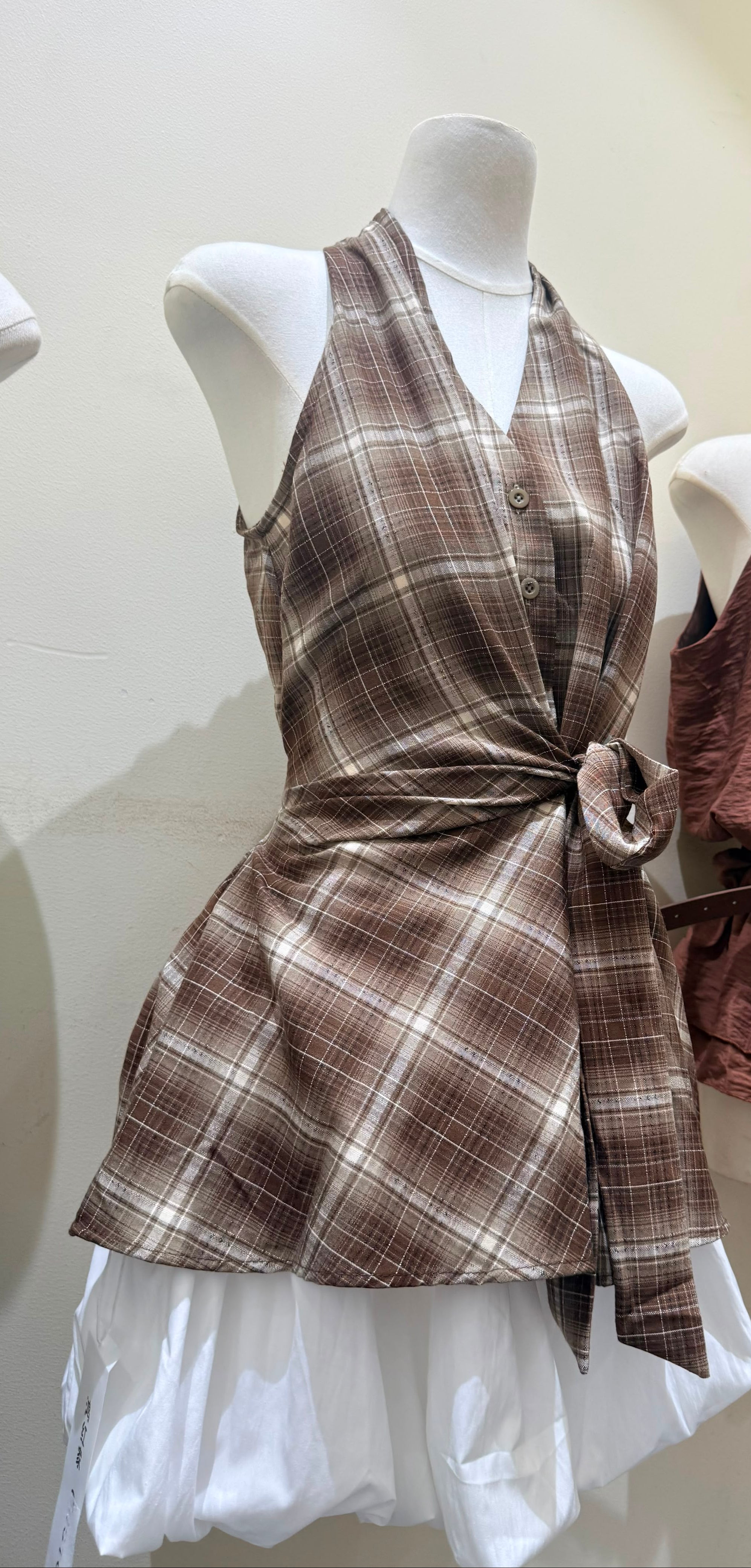 Plaid Tie-Front Halter Top