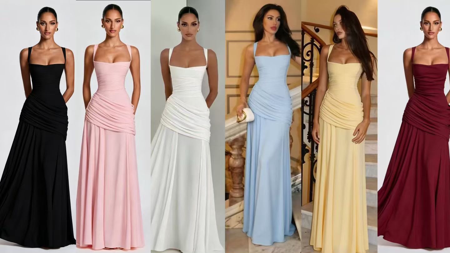 Square-neck ruched maxi Gown