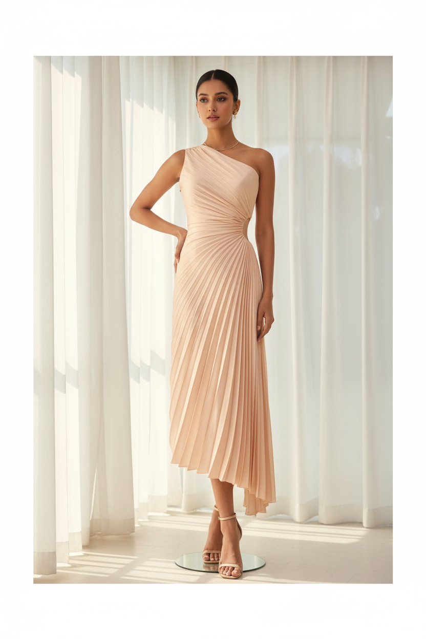 One shoulder pleated dress with waist keyhole