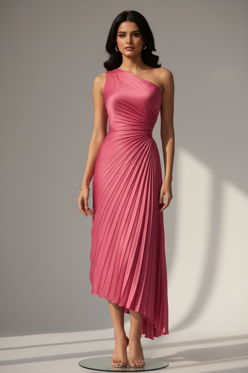 One shoulder pleated dress with waist keyhole