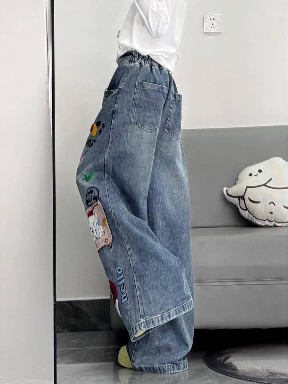 Cartoon Patch Wide Leg Jeans | Y2K Aesthetic Baggy Denim for Women