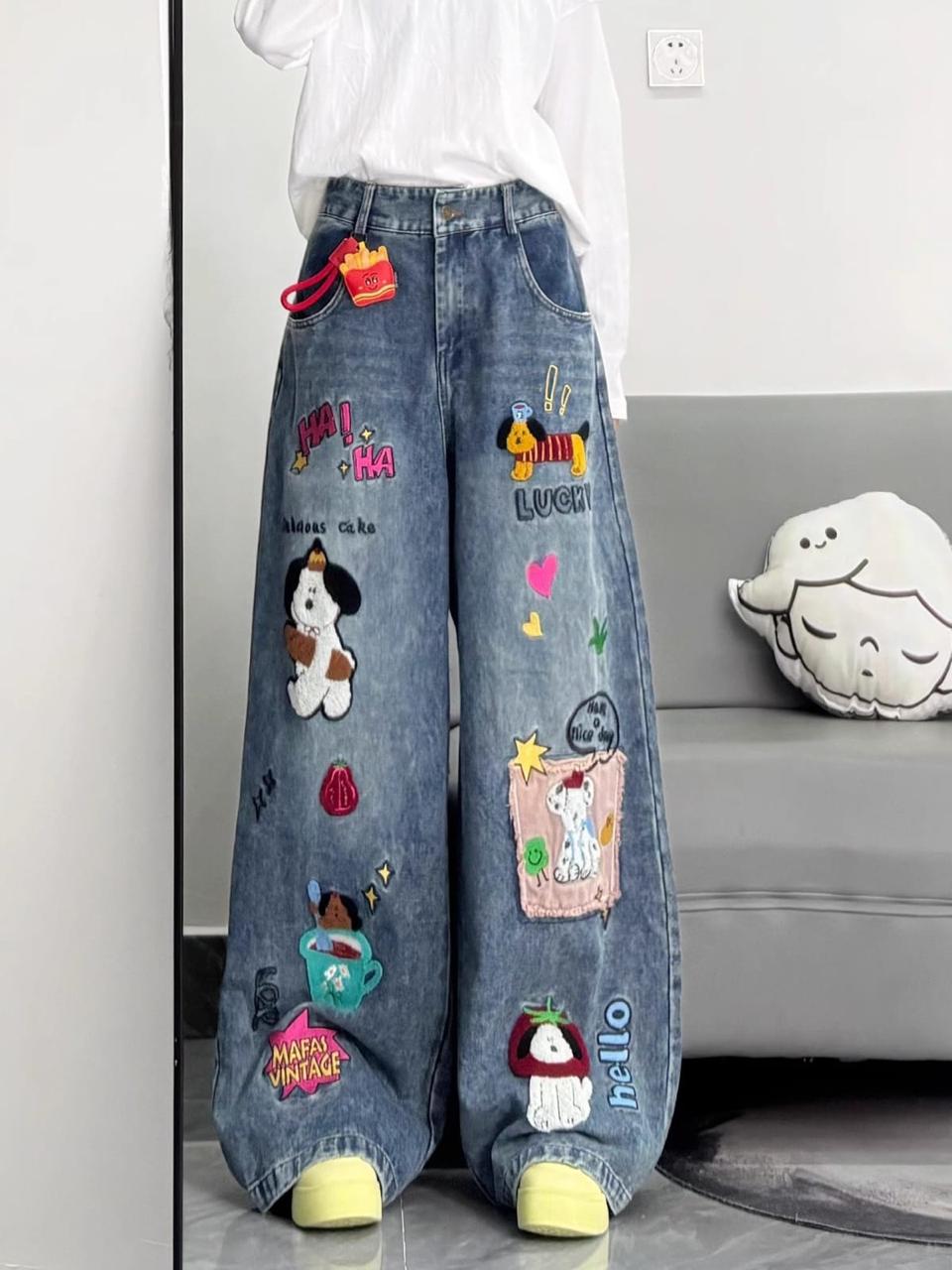 Cartoon Patch Wide Leg Jeans