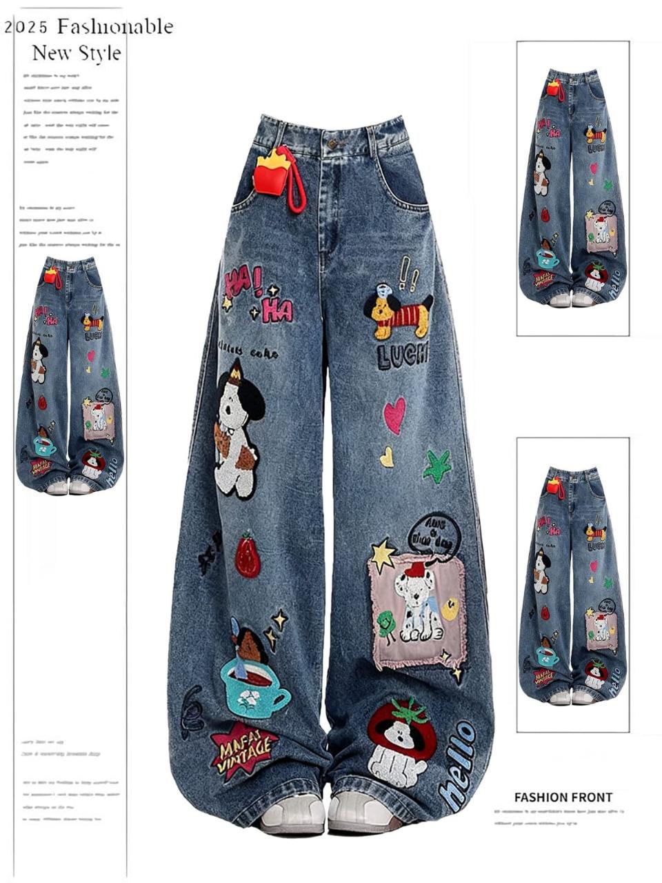 Cartoon Patch Wide Leg Jeans