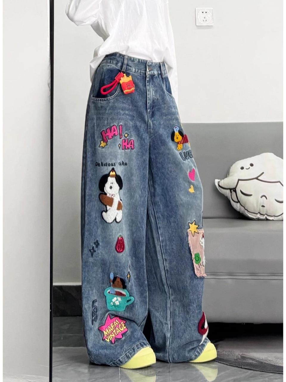 Cartoon Patch Wide Leg Jeans
