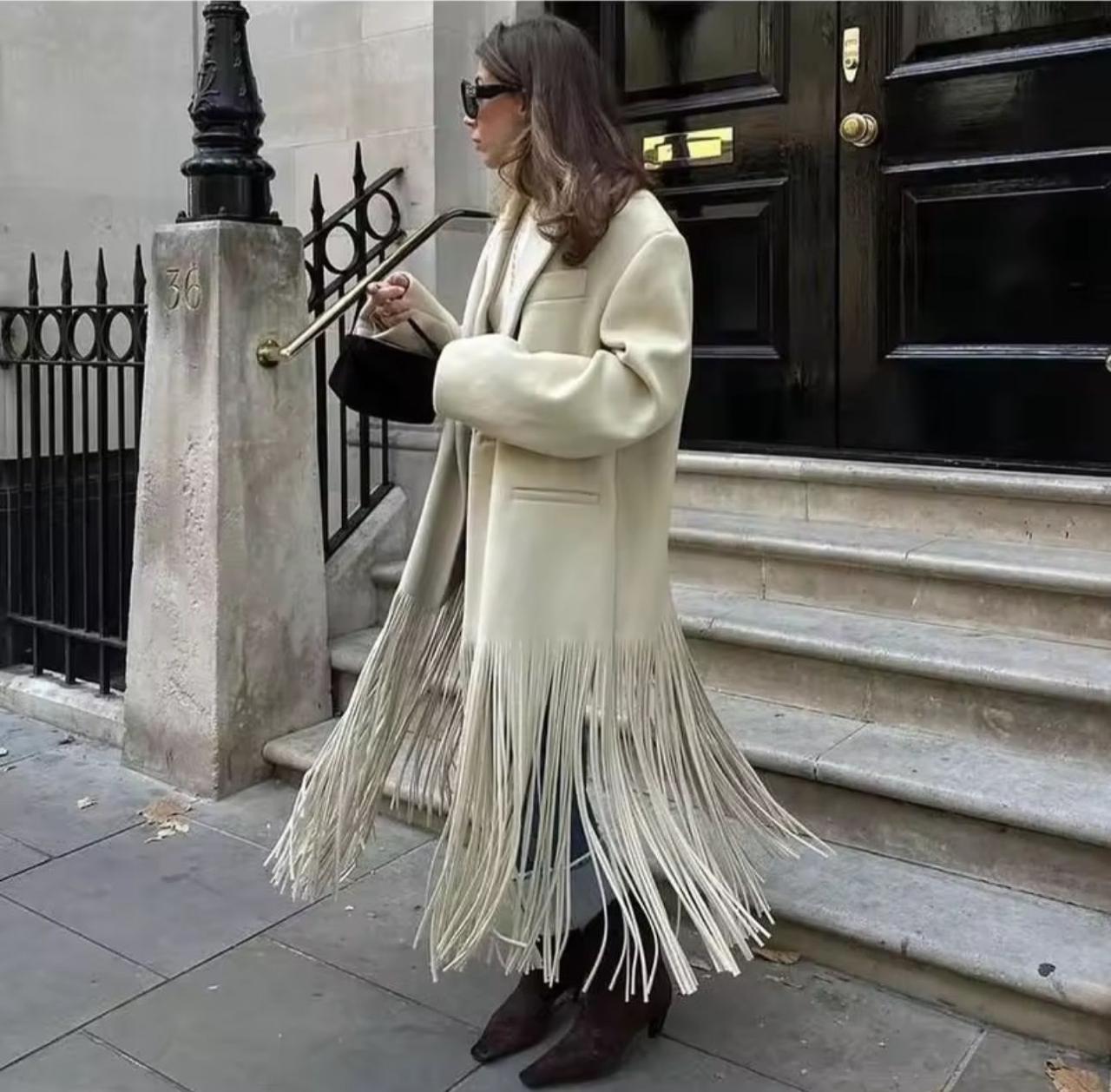 Ivory Fringe Hem Longline Coat | Luxury Tassel Coat for Women