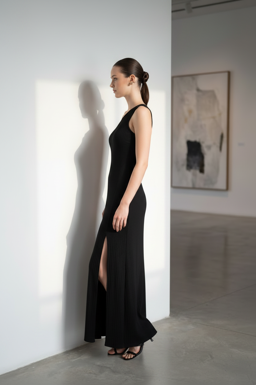 Black Plissé One-Shoulder Slit Maxi Dress