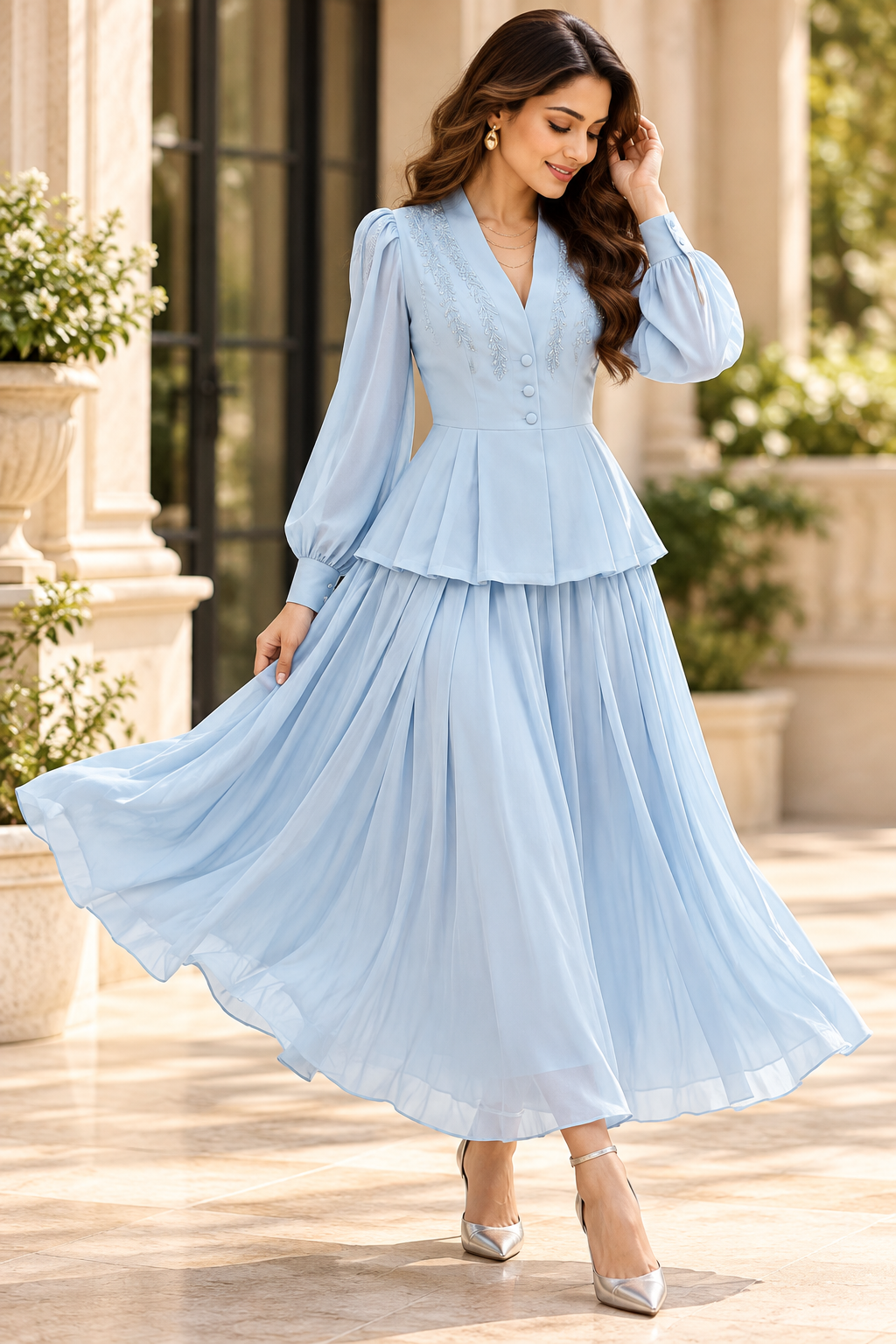 Women’s Powder Blue Embroidered Peplum Top & Pleated Maxi Skirt Co-Ord Set