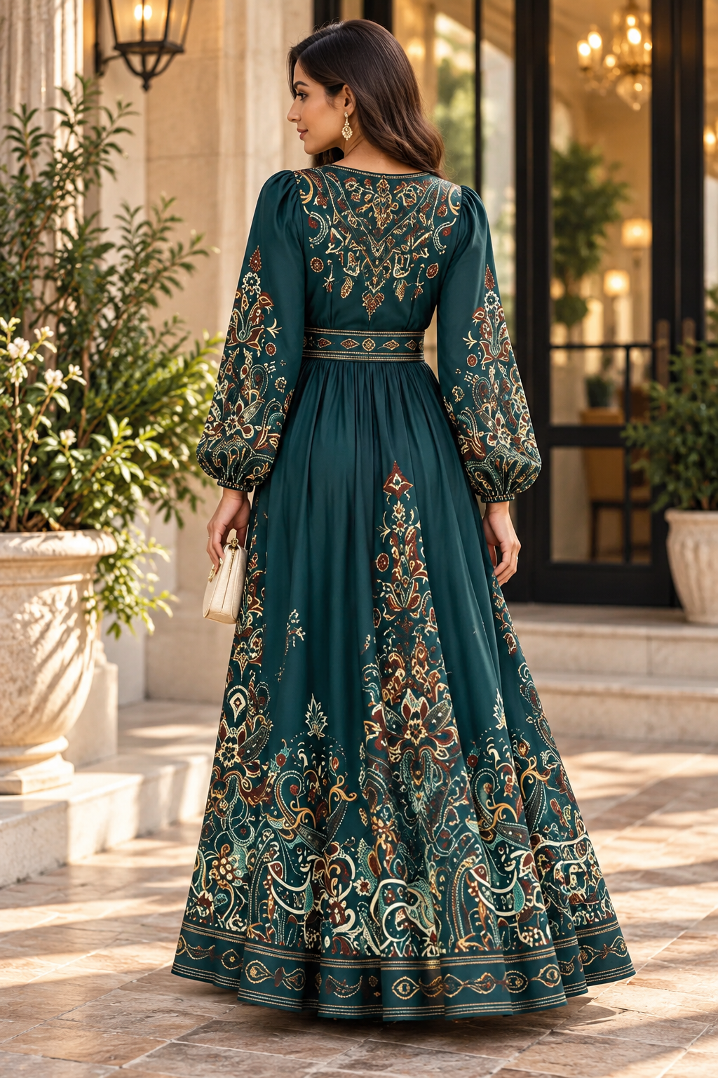Women’s Teal Paisley Wrap Maxi Dress with Flared Sleeves