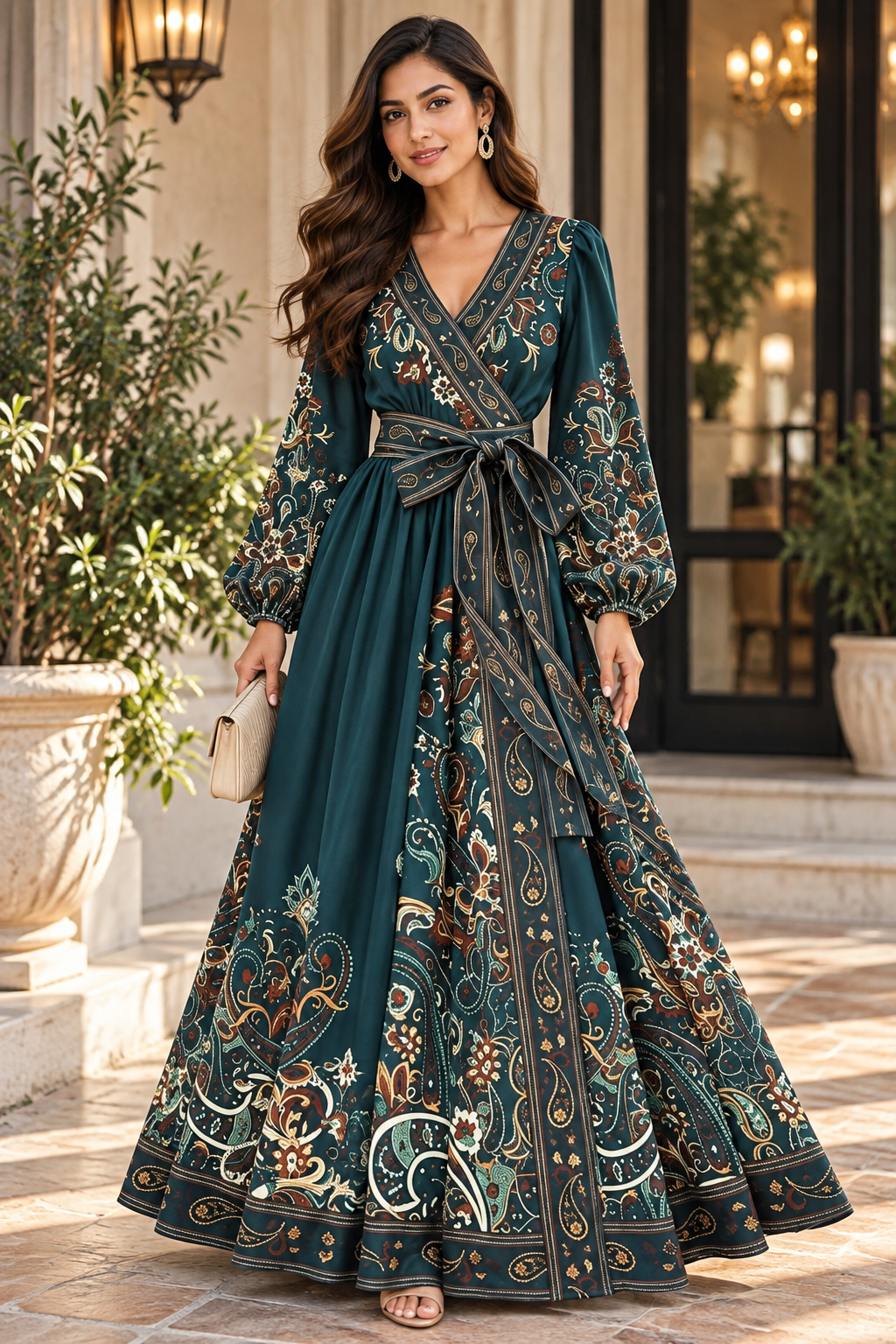 Women’s Teal Paisley Wrap Maxi Dress with Flared Sleeves