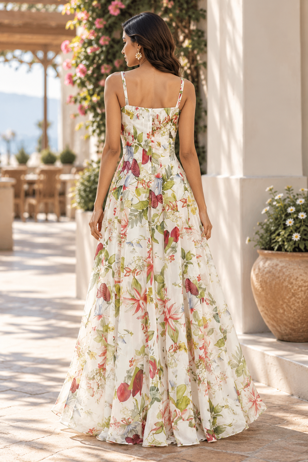 Women’s White Floral Print Ruched Waist A-Line Maxi Dress