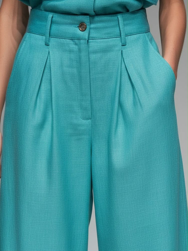 Linen Utility Vest & Wide Leg Pleated Trousers Co-ord Set | Mandarin Collar | Teal & Ivory