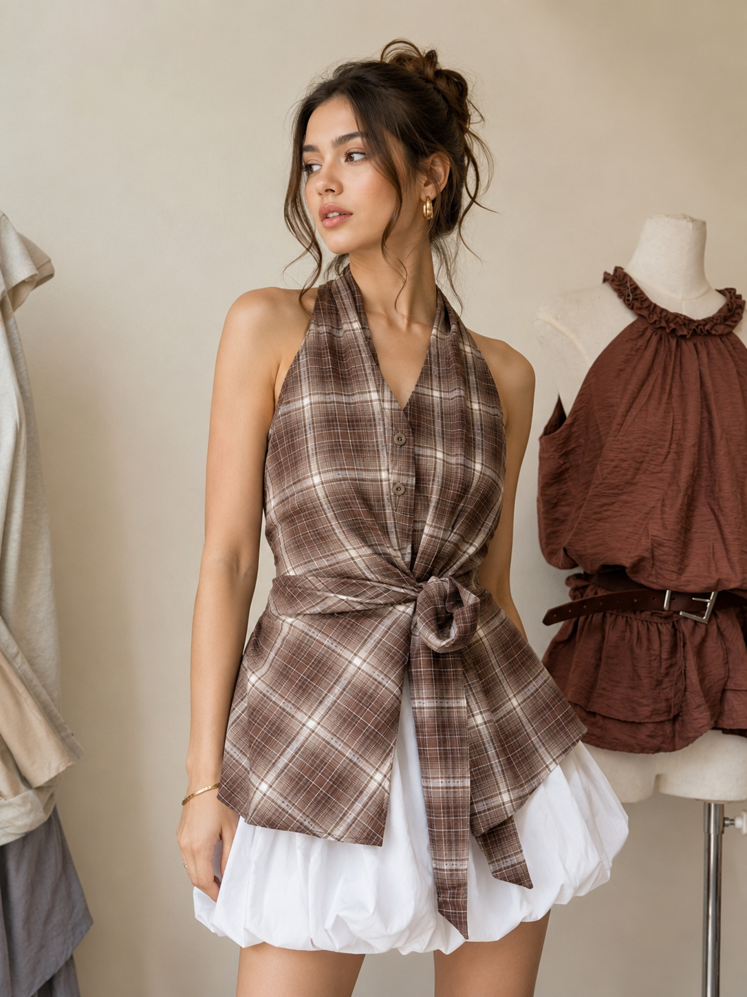 Plaid Tie-Front Halter Top