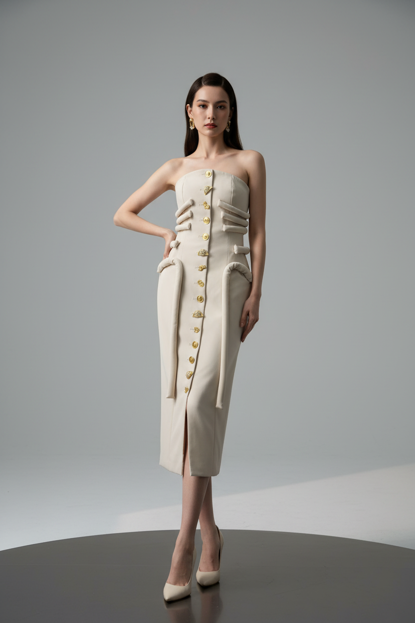 Cream Strapless Gold Button Mini Dress – Model Shot