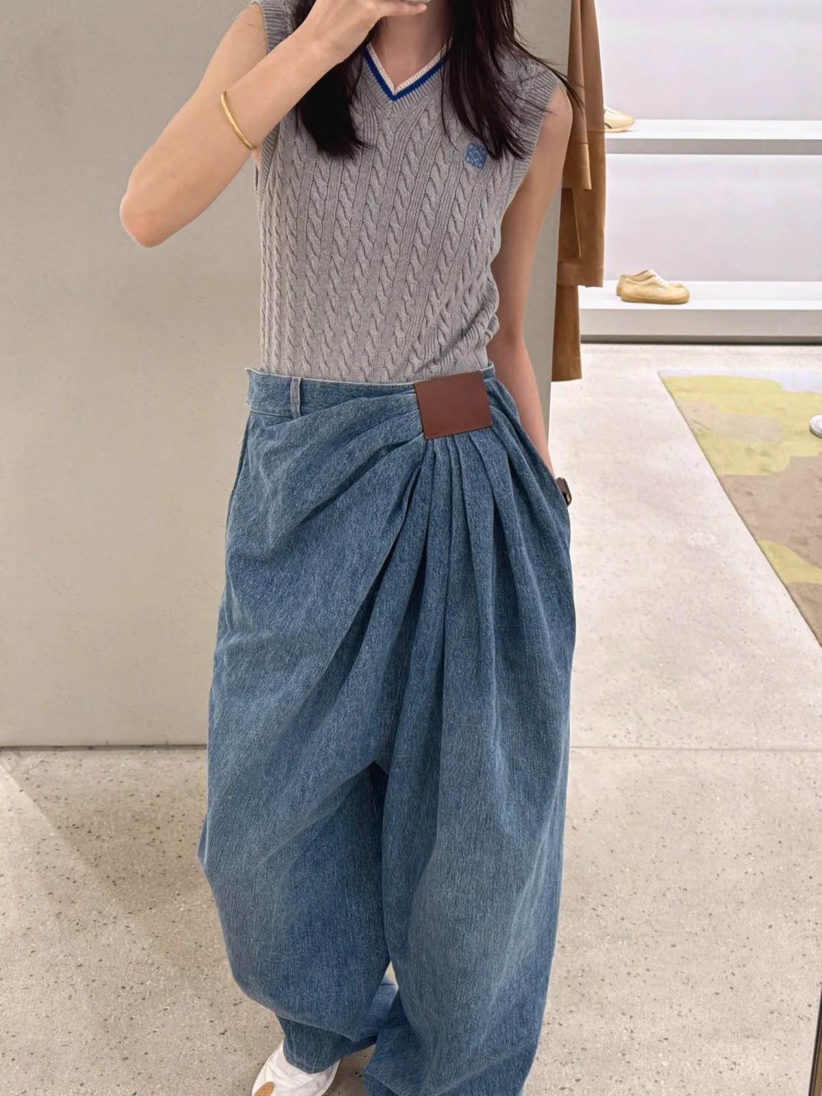 Blue Draped Denim Wide Leg Pants with Leather Tab | High Waist Pleated Jeans