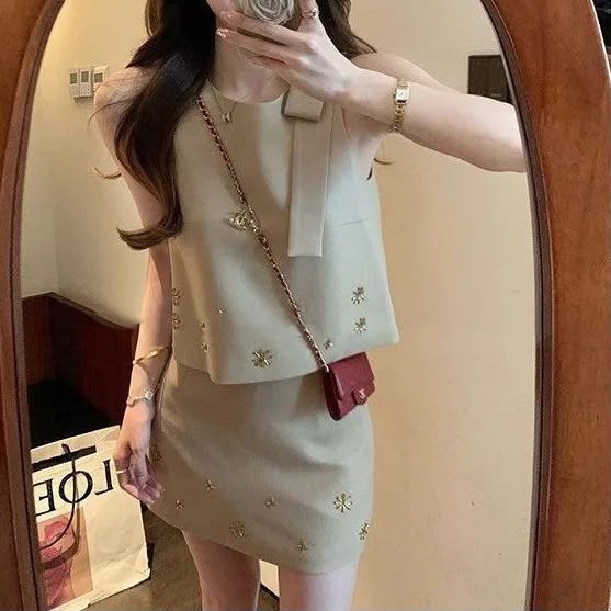 Beige Tweed Floral Embellished Co-ord Set | Bow Detail Top & Mini Skirt