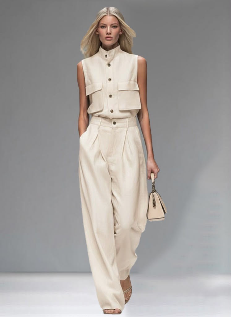 Linen Utility Vest & Wide Leg Pleated Trousers Co-ord Set | Mandarin Collar | Teal & Ivory