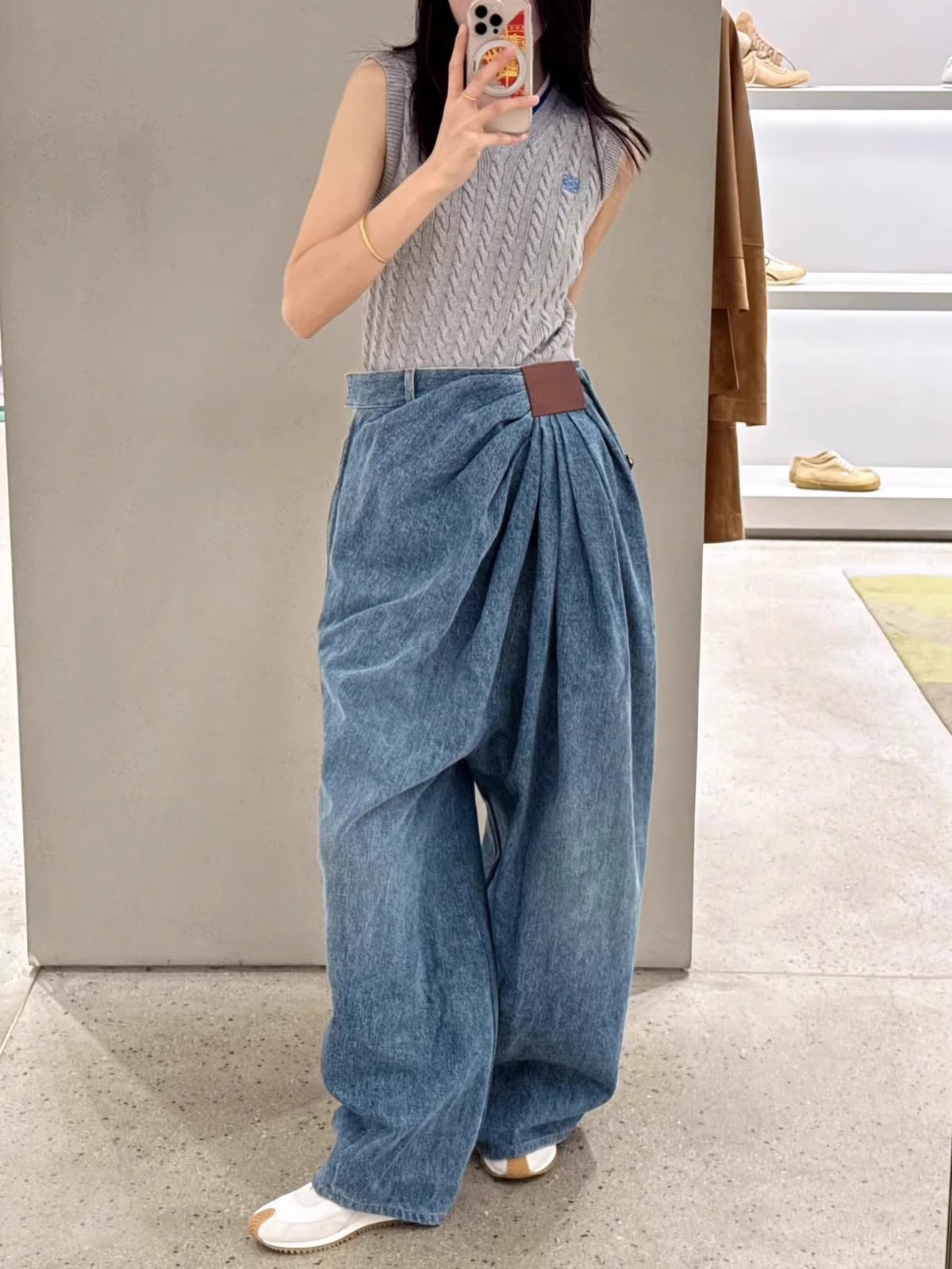 Blue Draped Denim Wide Leg Pants with Leather Tab | High Waist Pleated Jeans