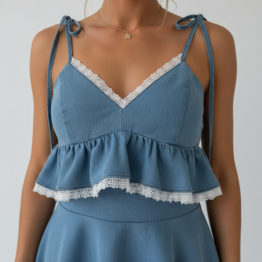 Denim Blue Lace Ruffle Mini Dress
