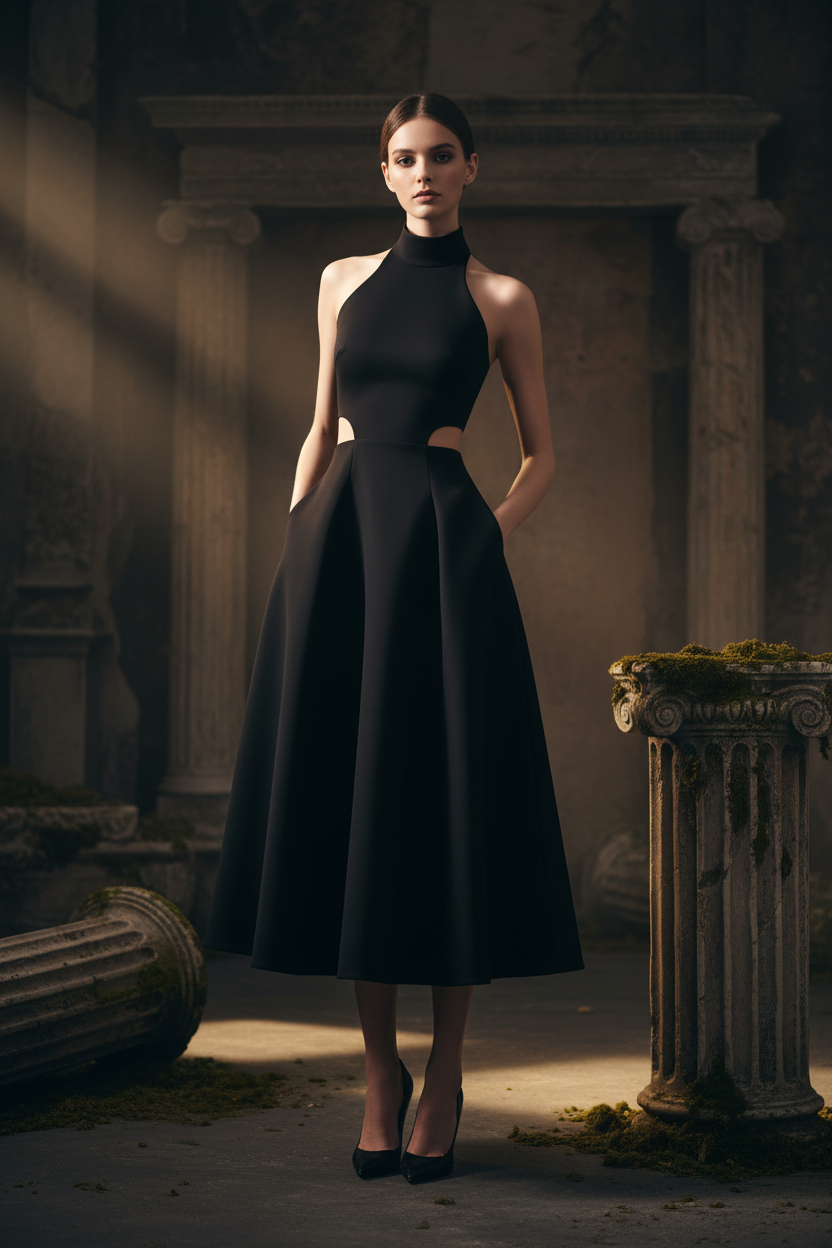 Black Halter Cutout Midi Gown with Pockets