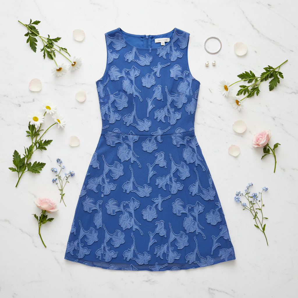 Blue Floral Appliqué A-Line Mini Dress