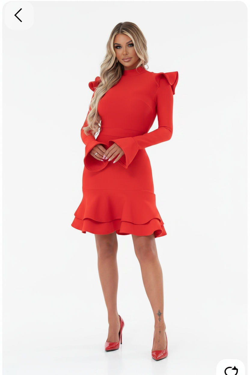 Women’s High Neck Ruffle Shoulder Bandage Dress – Tiered Hem Backless Cocktail Dress