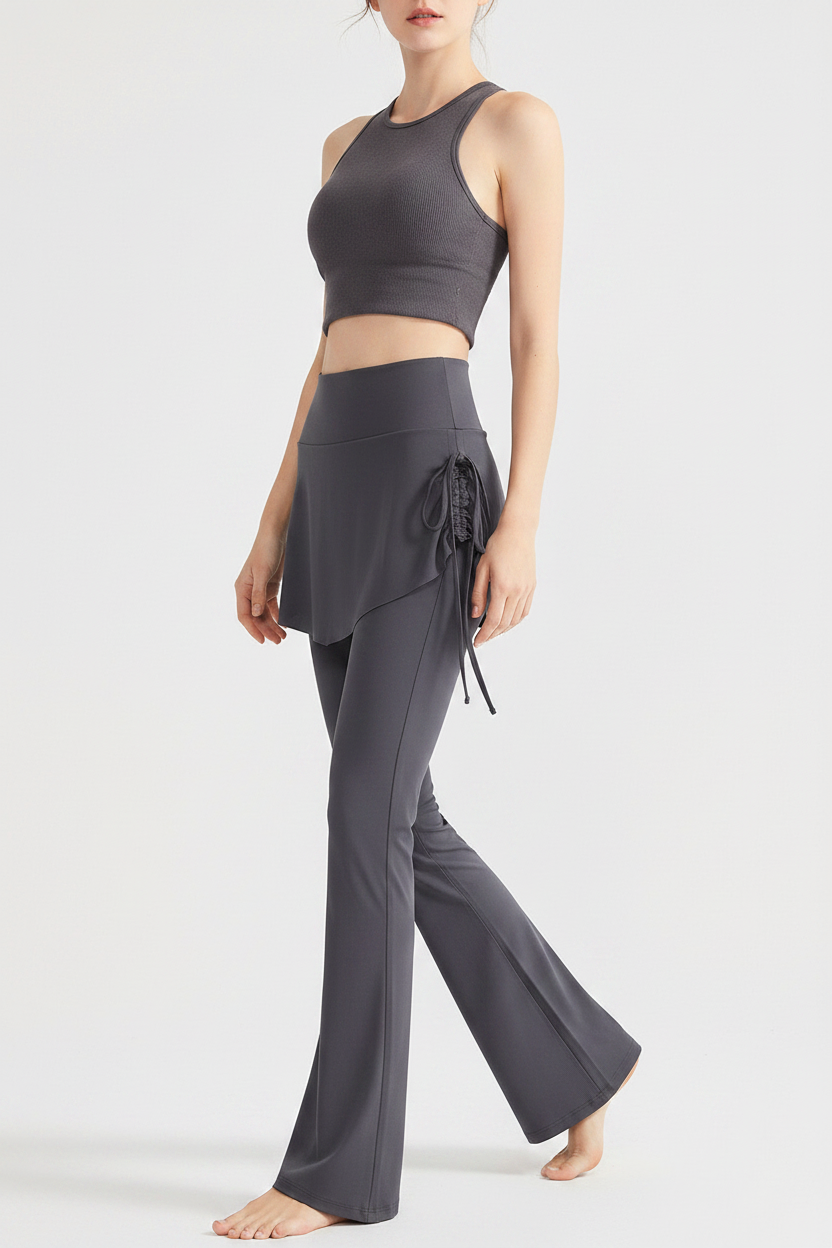 2-in-1 Skirt Flare Pants for Women – High Waist Fake Two-Piece Yoga Flared Trousers with Side Tie | Slimming Activewear