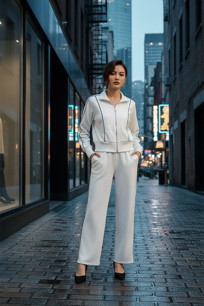 Striped Contrast Piping Zip-Up Jacket & Wide-Leg Pants Co-ord Set