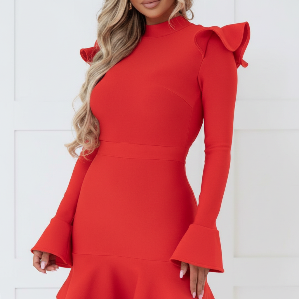 Women’s High Neck Ruffle Shoulder Bandage Dress – Tiered Hem Backless Cocktail Dress