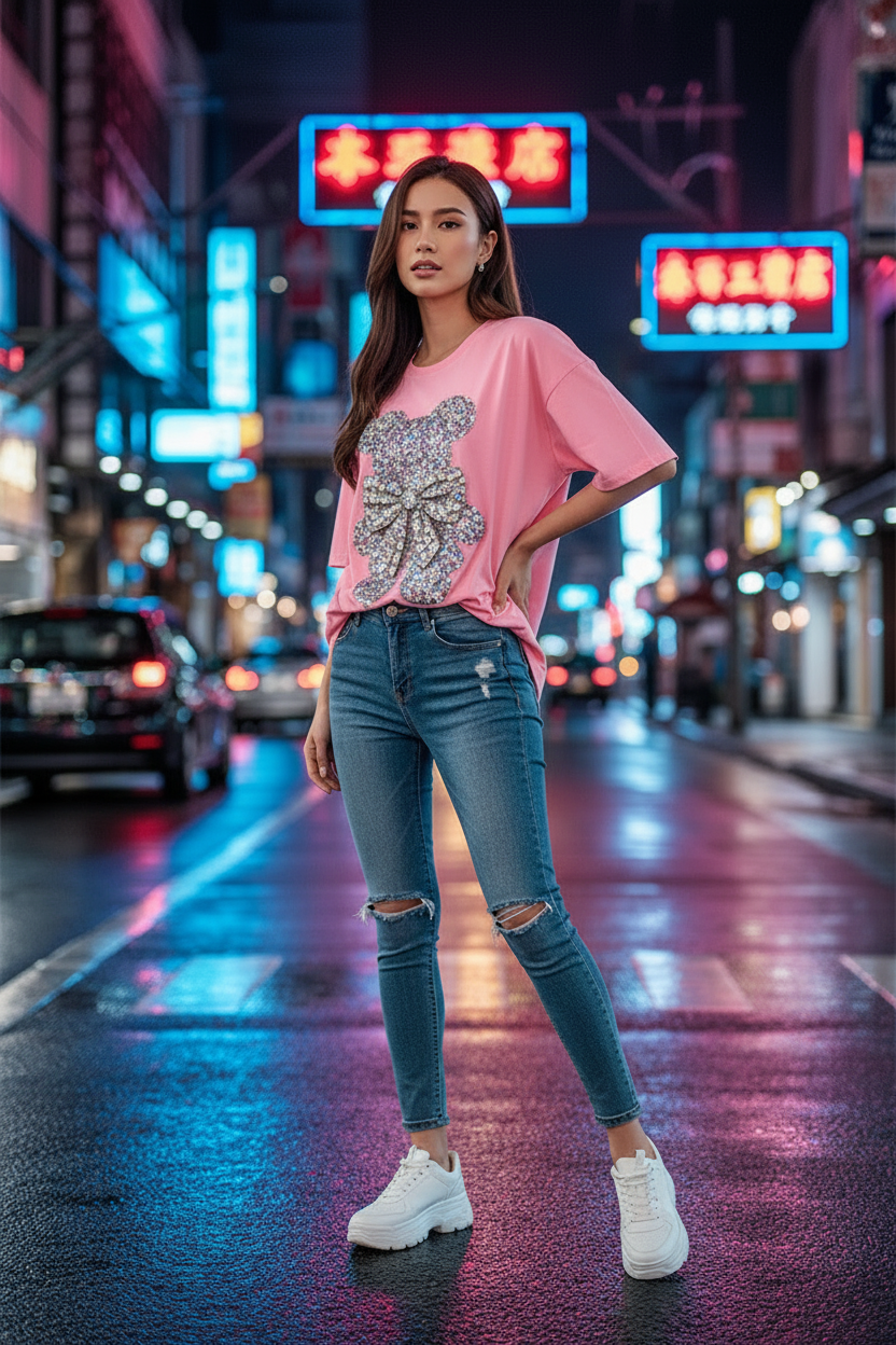 3D Rhinestone Bear Sequin Graphic Tee