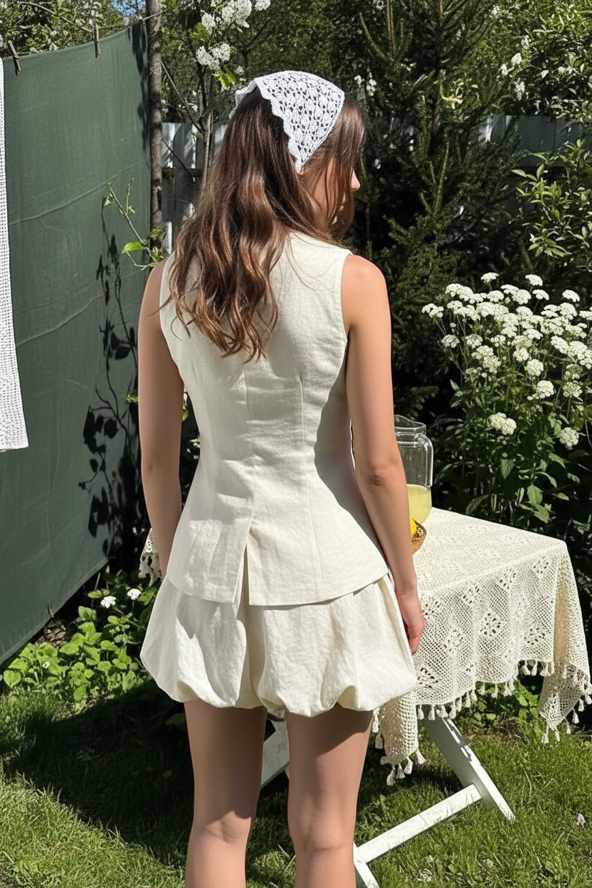 Linen Blend Vest & Bubble Mini Skirt Co-ord Set
