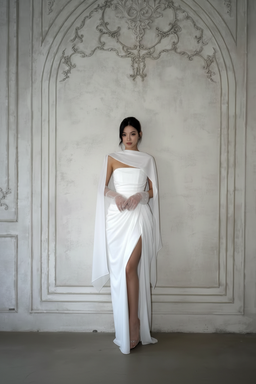 White One-Shoulder Cape Gown