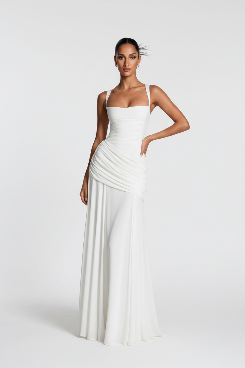 White Ruched Maxi Gown