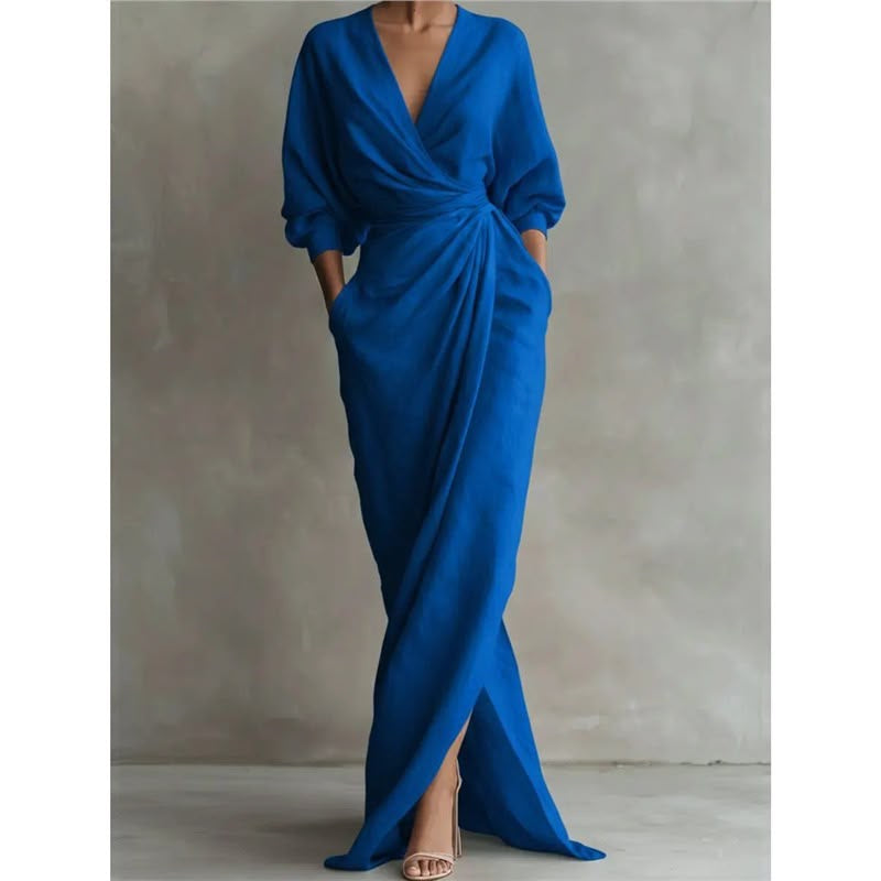 Deep V-Neck Draped Wrap Maxi Dress