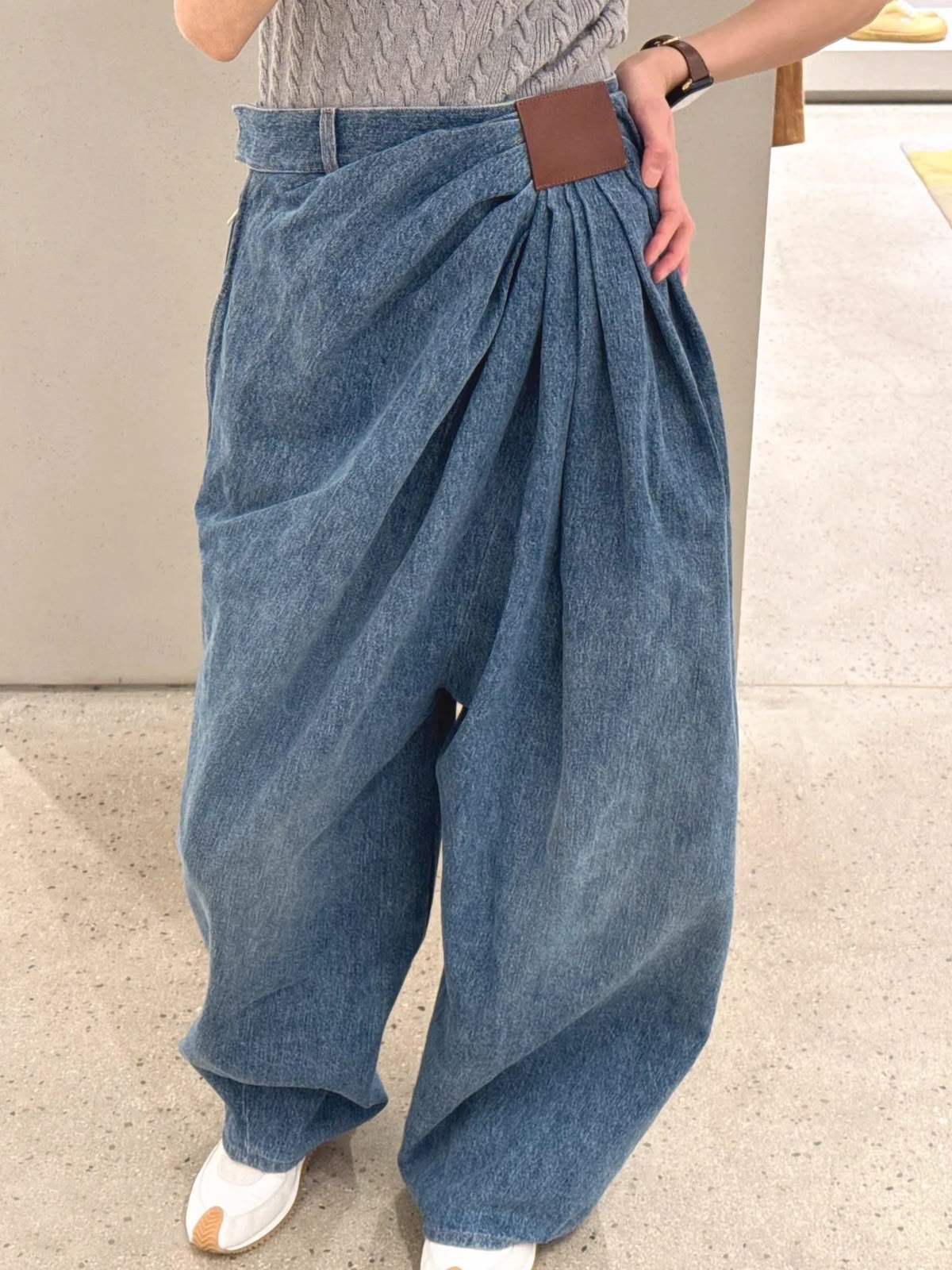 Blue Draped Denim Wide Leg Pants with Leather Tab | High Waist Pleated Jeans