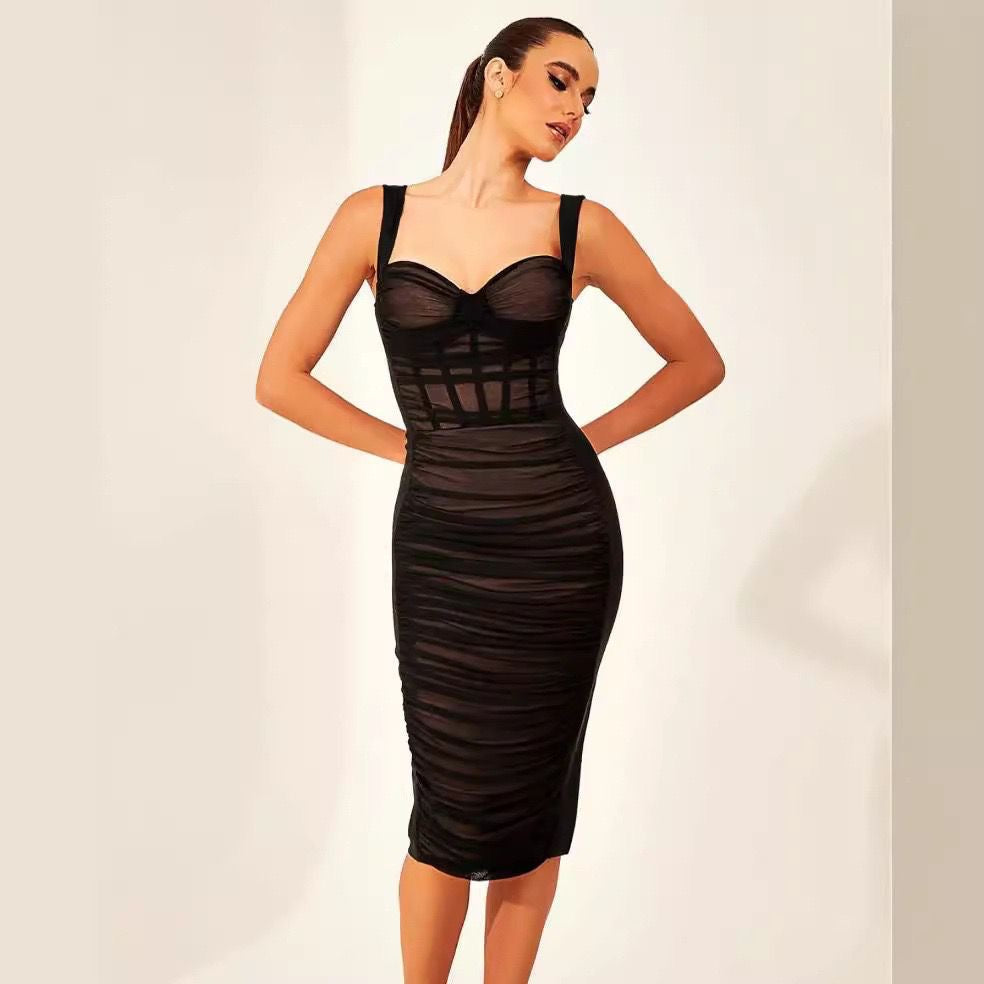 Ruched Mesh Corset Midi Dress