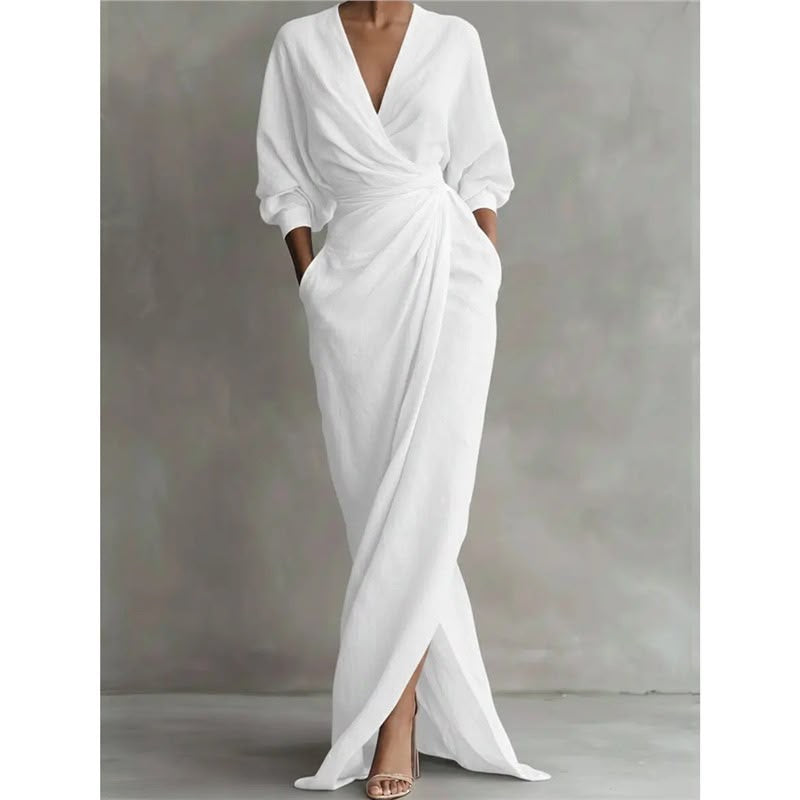 Deep V-Neck Draped Wrap Maxi Dress