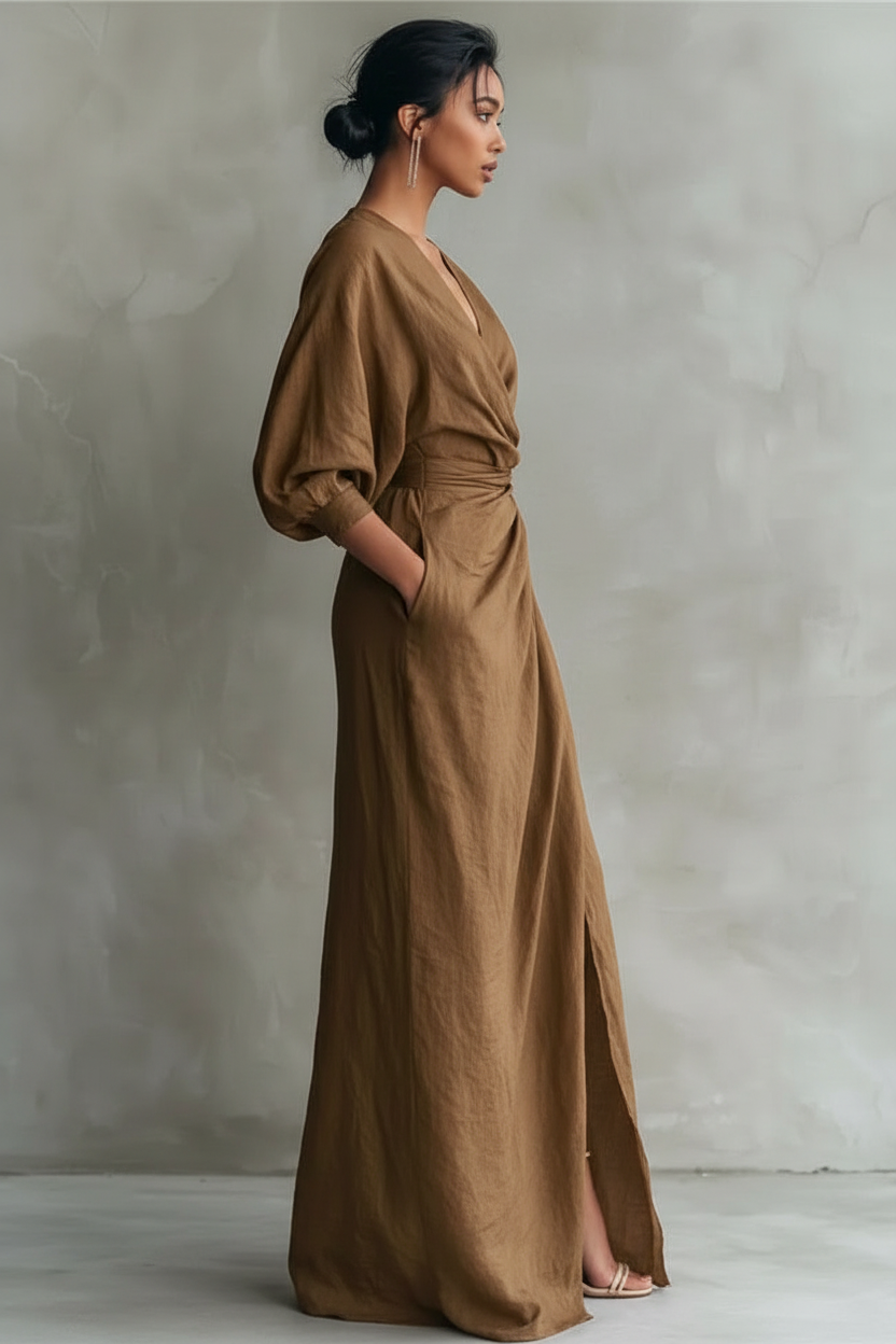 Deep V-Neck Draped Wrap Maxi Dress