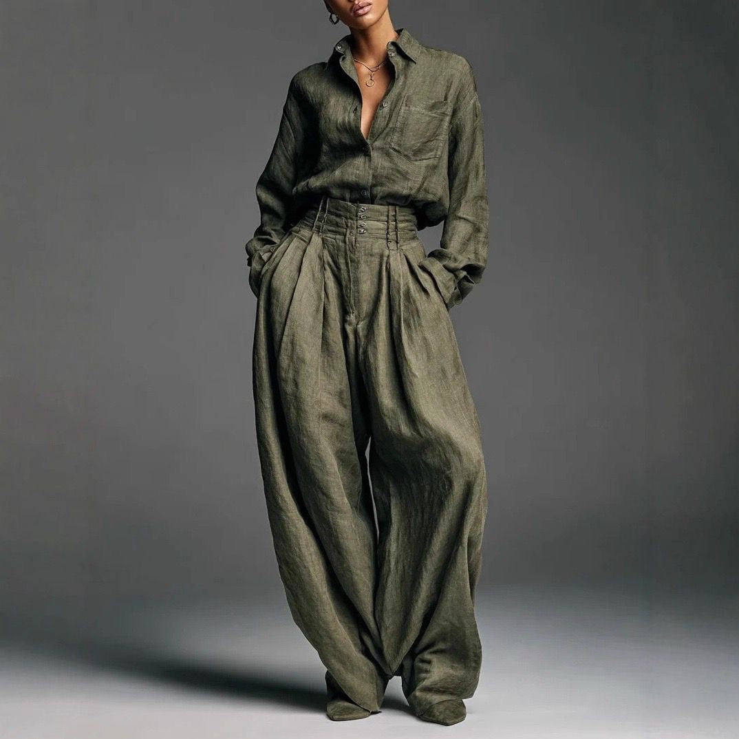 Olive Green Linen Oversized Shirt & High-Waist Balloon Trouser Co-ord Set