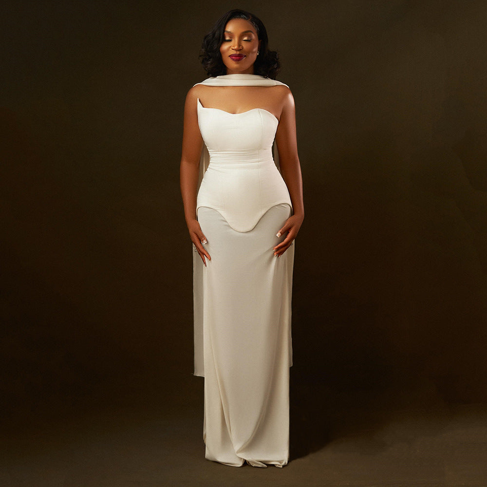 SWEETHEART CAPE DRAPE MERMAID MAXI GOWN