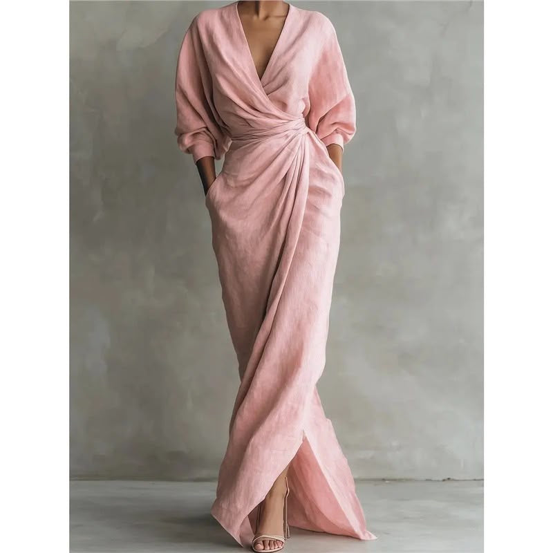 Deep V-Neck Draped Wrap Maxi Dress