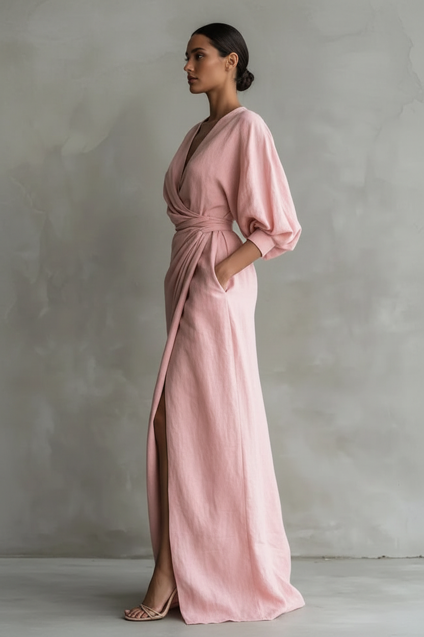 Deep V-Neck Draped Wrap Maxi Dress