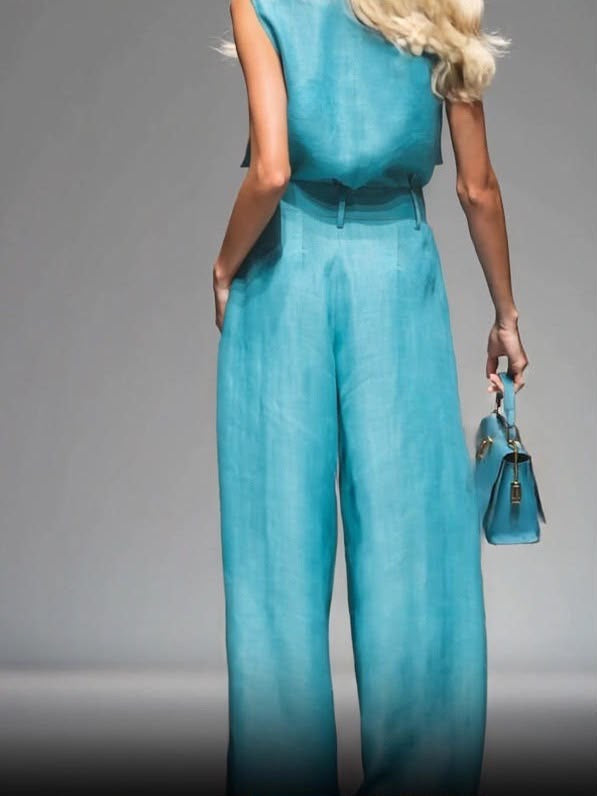Linen Utility Vest & Wide Leg Pleated Trousers Co-ord Set | Mandarin Collar | Teal & Ivory