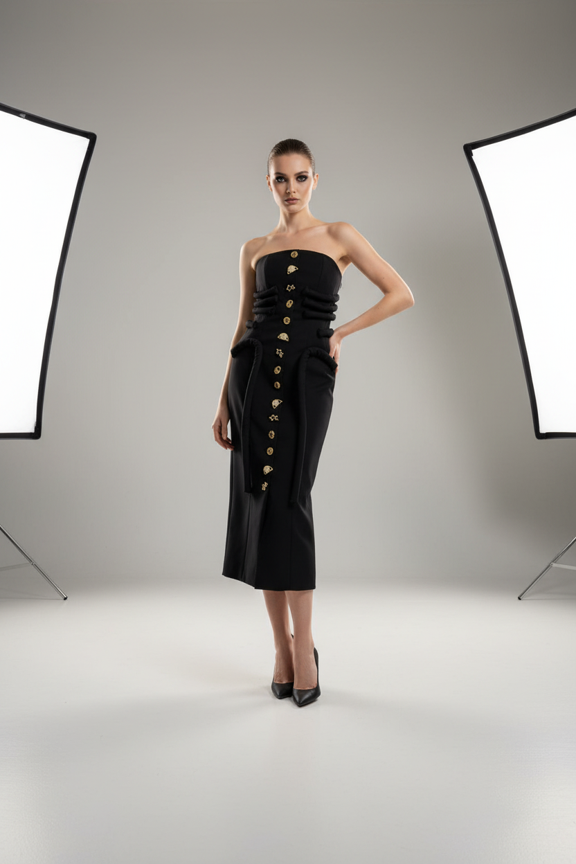 3D Sculptural Padded Loop Tube Corset Midi Dress with Mismatched Gold Charm Buttons