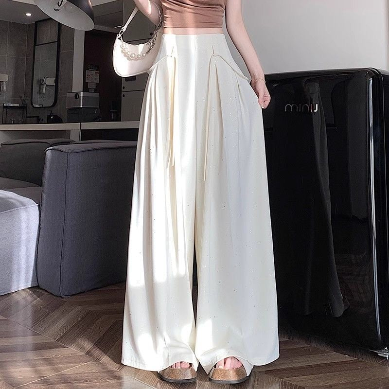 Glitter Wide Leg Pants for Women – High Waist Pleated Flowy Trousers with Tie Belt | Black, White, Grey