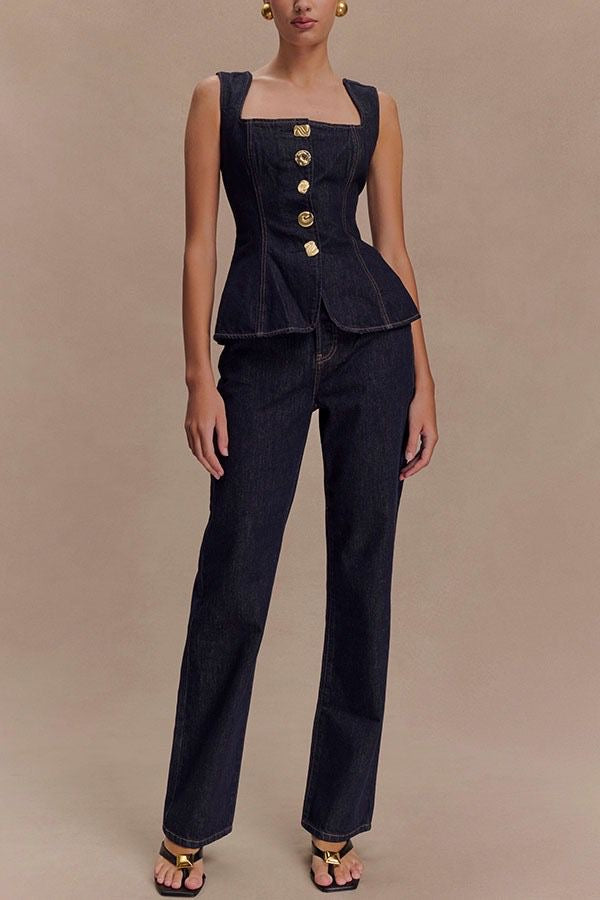 Dark Indigo Denim Corset Peplum Top & Straight-Leg Jeans Co-ord Set
