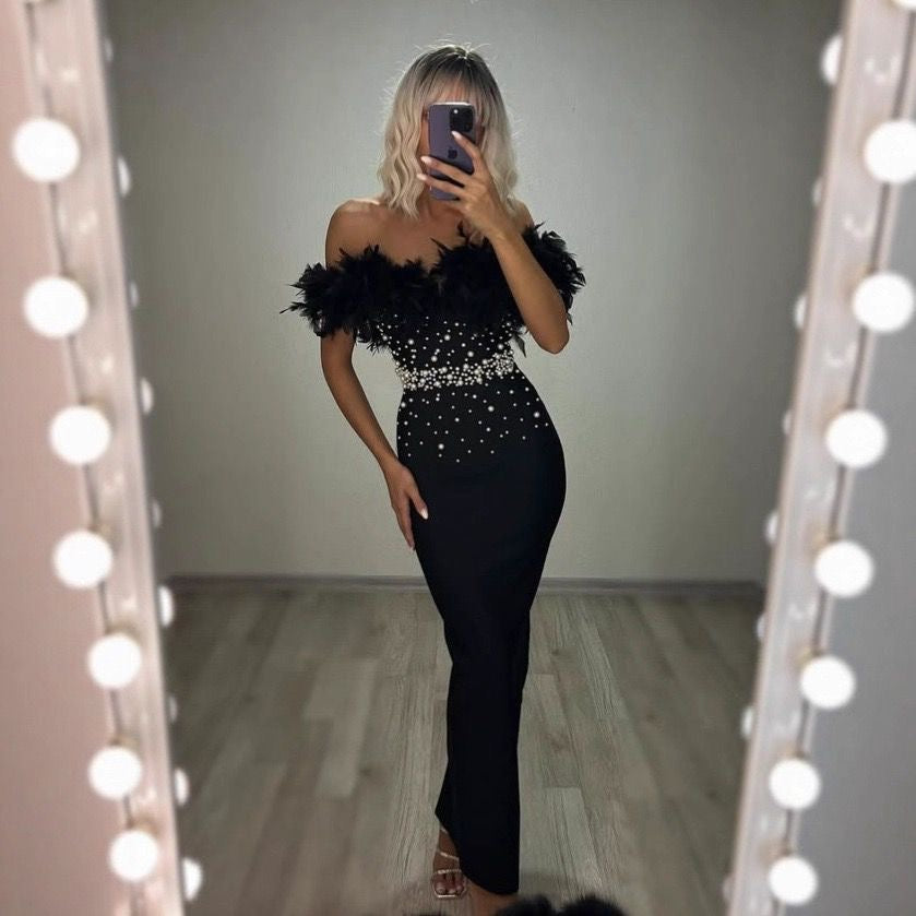 Black Feather & Pearl Embellished Off-Shoulder Maxi Dress