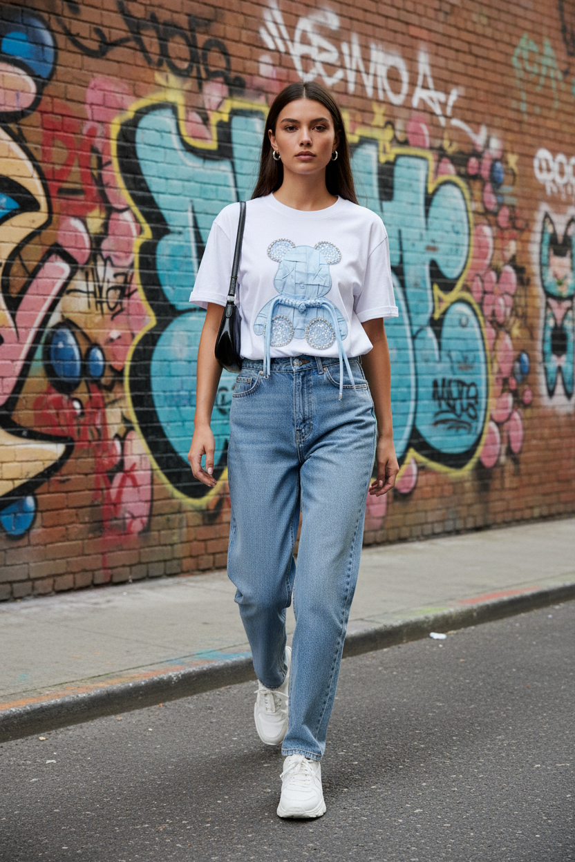 3D Rhinestone Bear Oversized Cotton Tee
