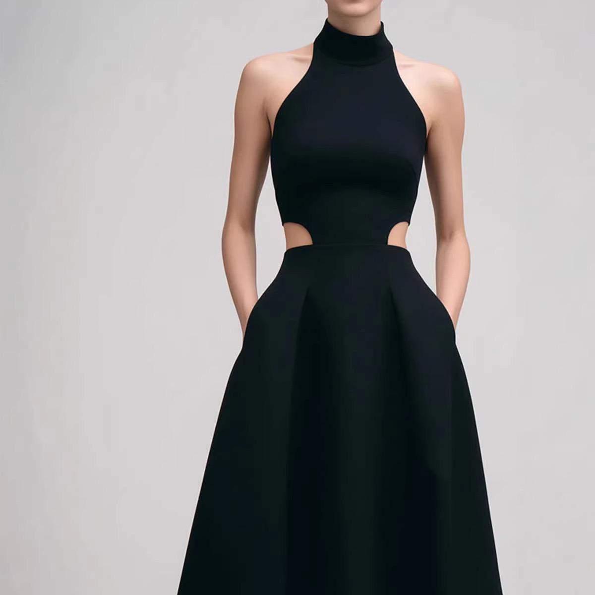 Black Halter Neck Cutout Midi Dress | A-Line Formal Evening Gown with Pockets